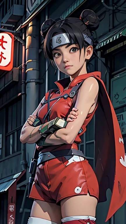 (8k),(masterpiece),(Japanese),(8-year-old girl),((innocent look)),((Beautiful)),From the front and above,smile,cute,Innocent,Kind eyes,flat chest, Slender,Hairless vagina,red cape, Tenten costume, semi-short,Hair blowing in the wind,Black bun Hair,strong wind,night, Cyberpunk Konoha village