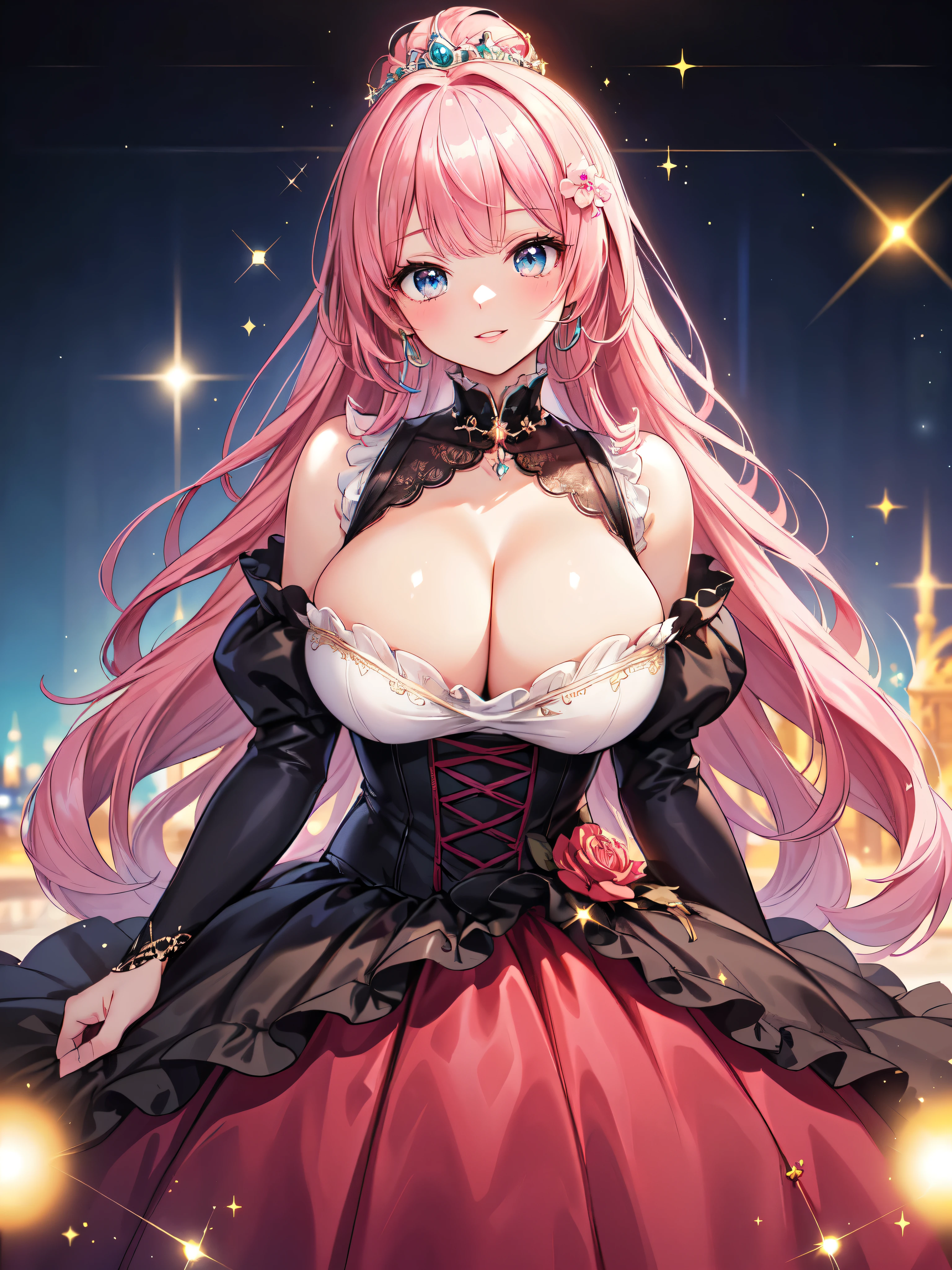(Moe anime art style:1.3), (masterpiece), ((Highest quality)), ((High resolution)), (unity 16k wallpaper), (((ultra detailed)))
BREAK
(((A young-looking princess))), (18 years old), ((portrait)), ((huge breasts)),
BREAK
(((gorgeous princess rococo ballgown dress with voluminous full length hoop skirt and long hem))), (crinoline dress), ((Shiny dark red taffeta fabric)), (rococo ballgown dress with plenty of frills and luxurious embroidery), (over skirt with plenty of frills and luxurious embroidery), (Precision Racing),
BREAK
(((super delicate and beautiful face))), ((Delicate beautiful eyes)), hyper detail eyes, ((Beautiful Lips)), beautiful blue eyes, (face focus), Beautiful smile,
BREAK
(((Pink Hair))), ((Fluffy ponytail)), Curly Hair, (Expressive hair), (very voluminous long hair), Spreading hair, bangs, Beautiful silver and jeweled hair ornaments,
BREAK
(light sparkles:1.5), (depth of field:1.5),(magnificent panorama view:1.5),