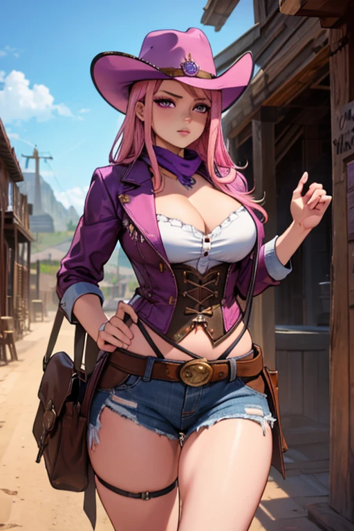 A pink haired female cowgirl with violet eyes with an hourglass figure in a conservative cowgirl outfit is inspecting a coach in a wild west town