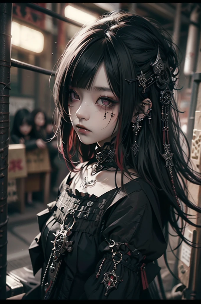maximum quality、8K、masterpiece: 1.3、gothic punk、red inner color、A brunette、hair adornments、a beautiful girl、creative、dark fantasy style、Neogos、gothic fashion: 1.2, a sexy girl composed sexual showing all your sexuality
