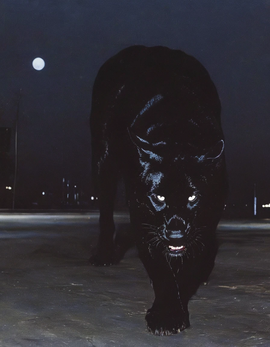 giant black panther standing on new york street at night
