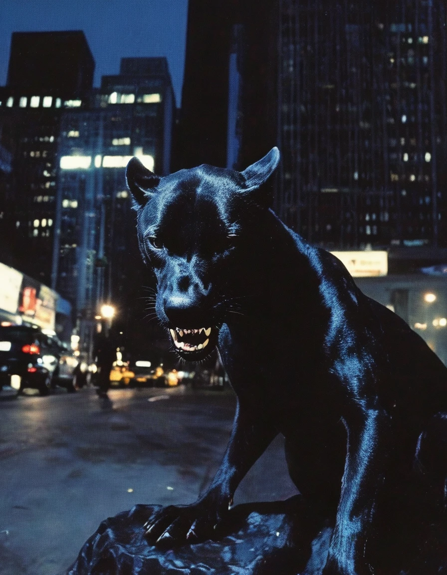 giant black panther standing on new york street at night
