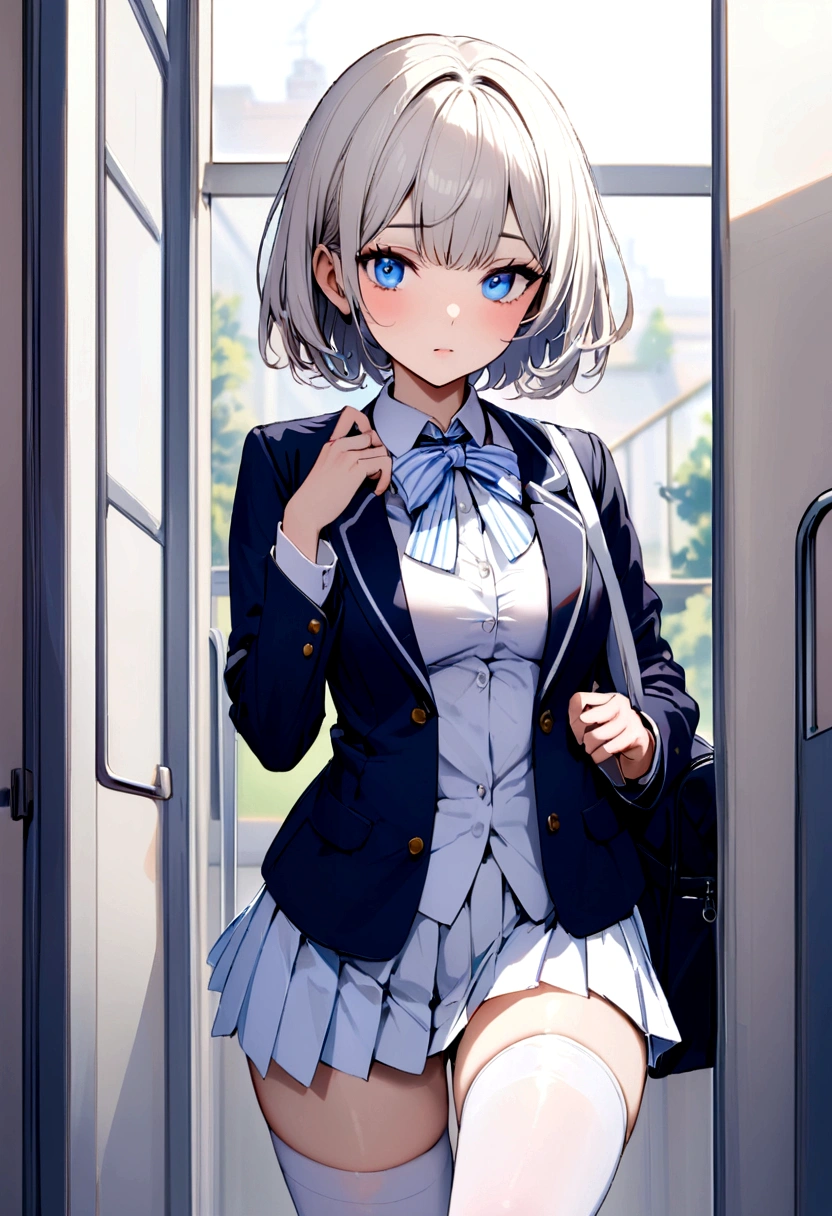 Young woman with short hair, blue eyes, blue eyes, white , short skirt, white stockings, with a white bow in school.