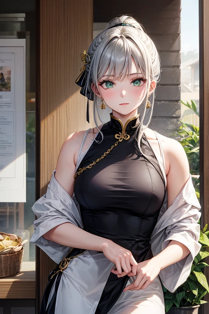 Funeral florist wearing chongsam dress black green brown white pallete with gold jewelry grey hair ponytail braid green eyes 