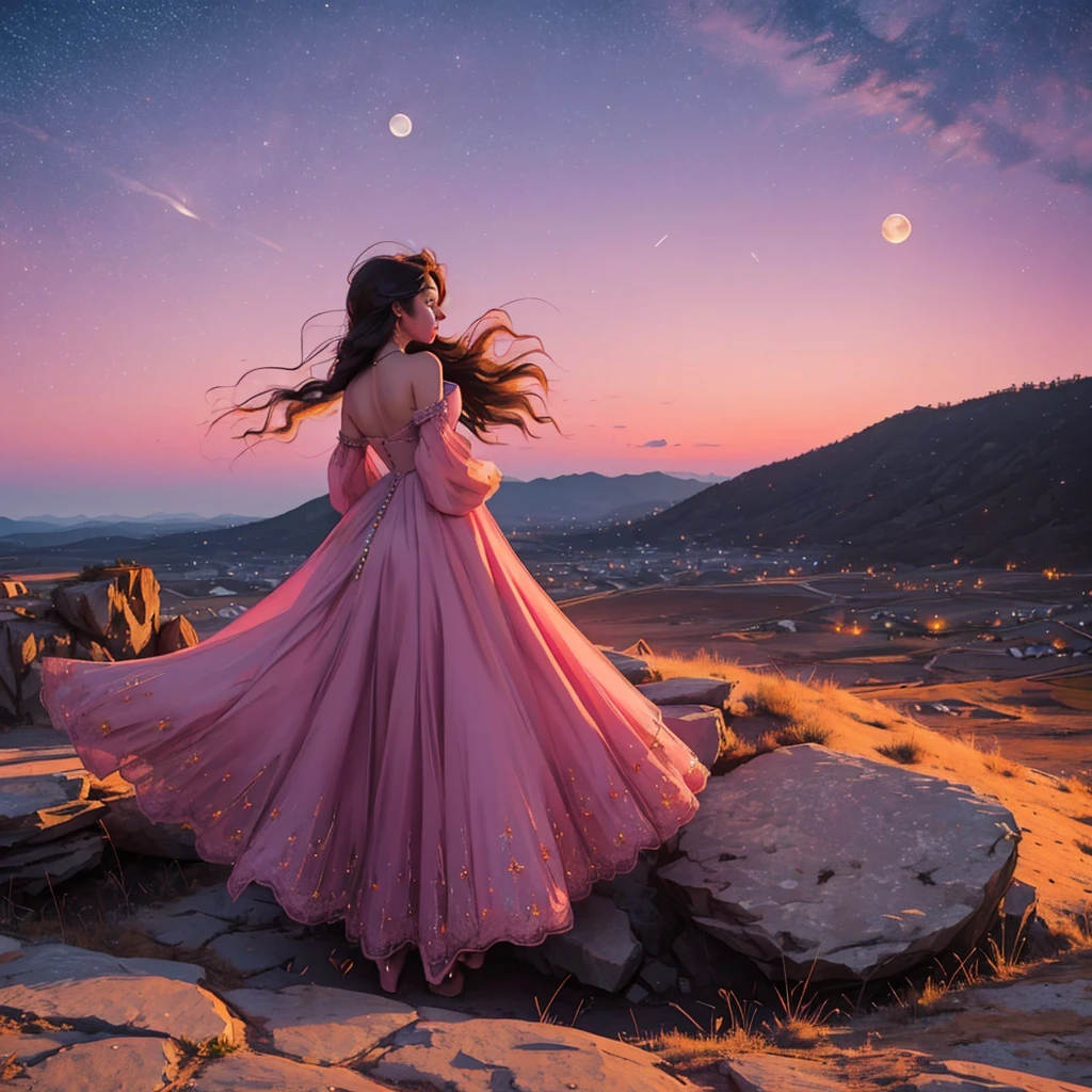girl stands with her back, beautiful long dress, long hair, dress is long, dress floats in the wind, big moon with eyes, beautiful moonlight, warm colors, Pink sunset, starry sky, castle in the distance , carried big rocks, Slopes, weirdly shaped stones