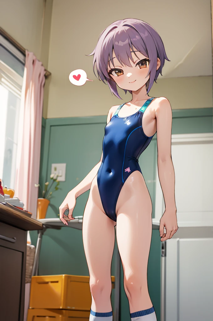 masterpiece, best quality, highres, ny1,,looking viewer,,spoken heart,6yo,(ite), ,swimsuits,leotard,socks,expressionless,my room,smile,standing