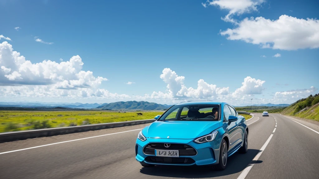 Generate an illustration of a car driving on a highway. The car should be either red or yellow and viewed from the right side. The weather is clear with blue sky and white clouds. The style should be natural, minimalistic, sci-fi, bright, and with natural colors.
