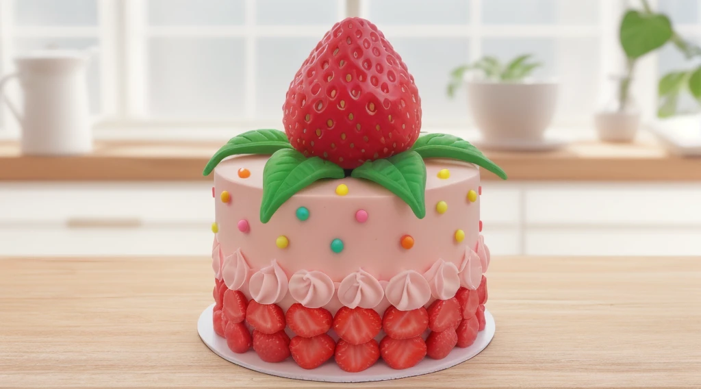 in the kitchen, on a wooden table, on a porcelain plate, a tiny pink cream cake, the bottom is decorated with cream petals, on top of the cake is a polymer clay candy in the form of a strawberry with leaves, the cake is decorated with tiny yellow dragee candies, bright lights, soft light, window light, professional lighting, light from the window, neat light, realistic texture, realistic style, detailed texture, high quality, high resolution, high quality rendering, realistic photo, brightning light, macro photo, 4k ultra HD
