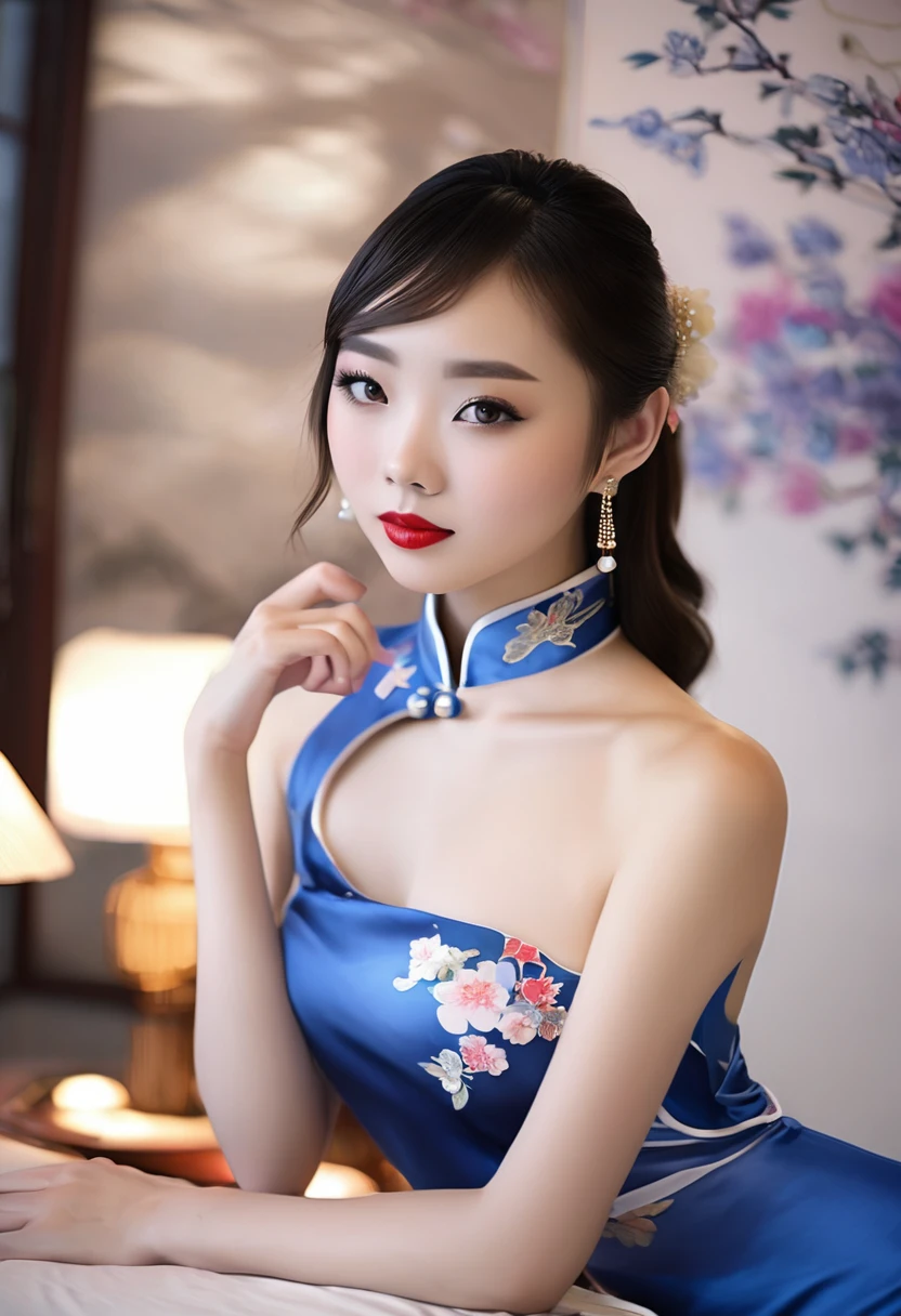 Beautiful Chinese 18 year old woman, blue silk qipao, photorealistic, masterpiece, tight clothes, large breasts, lipstick, beautiful face, seductive, cute, 