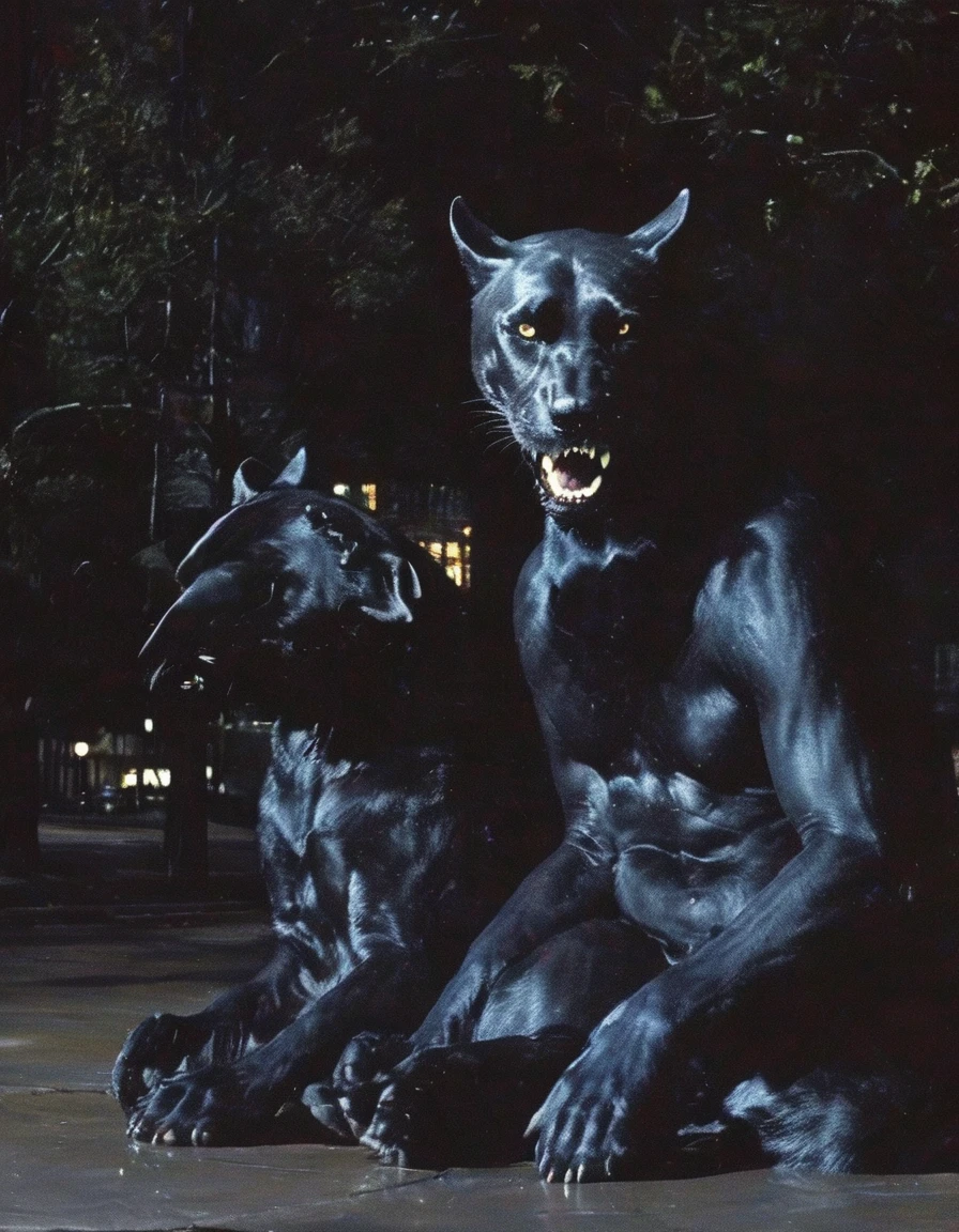 sits near giant black panther on new york street at night