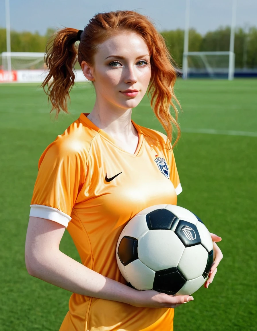 Photography full body picture of a very beautiful realistic girl,stands on the football field, with a soccer ball, porcelain skin, very light skin, very pale skin, redhead, wavy, pony tail, Detail of skin structure, hazel eyes, Slit eyes, small-nose, small nostril, think of arched eyebrows, thick lower lip, happy face, unique face, Wear a football jersey, foto realista, Masterpiece Image, sharp image, clear daylight outside