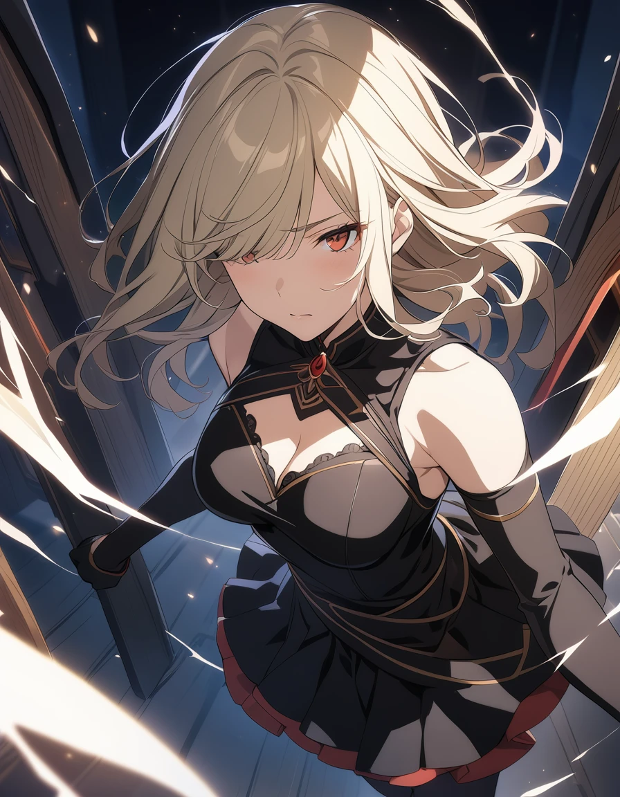 A mature, cold and serious sexy woman with short light yellow hair, bangs covering her left eye, orange-red eyes, open-chested black blouse, hip-hugging skirt, black stockings, special action, Tomorrow's Ark, bust, close up, beautiful anime illustration wallpaper, masterpiece, perspective, best quality, interplay of light and shadow.