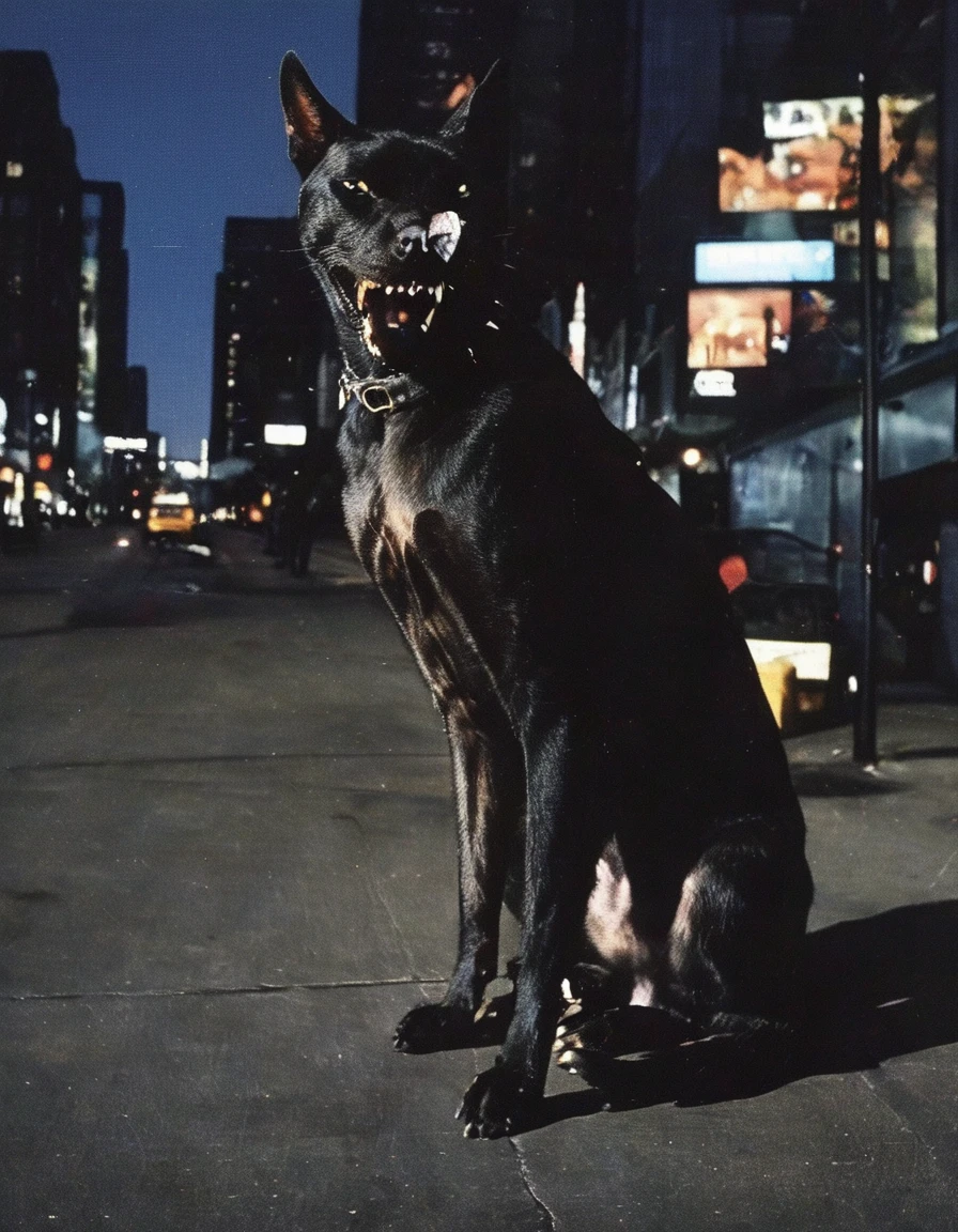 giant cat with tattoes sits on new york street at night