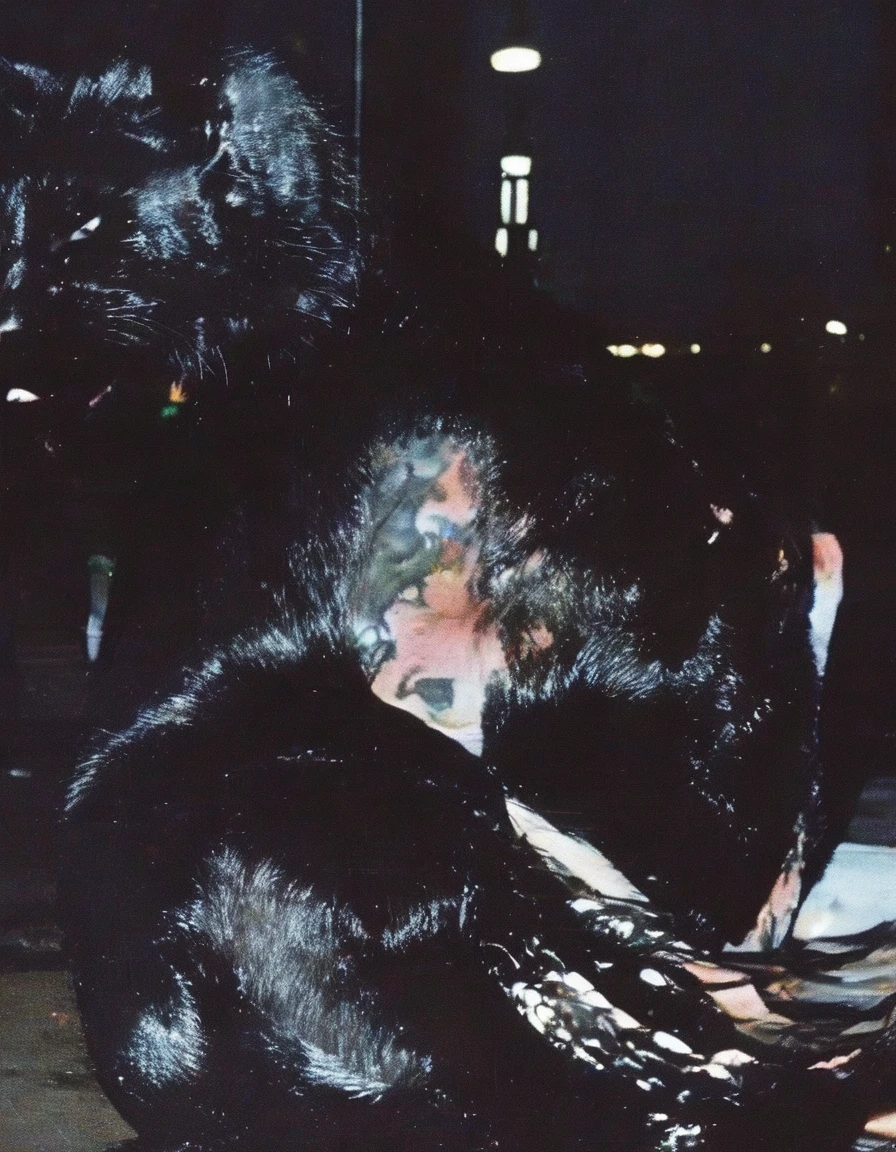 giant cat with tattoes sits on new york street at night