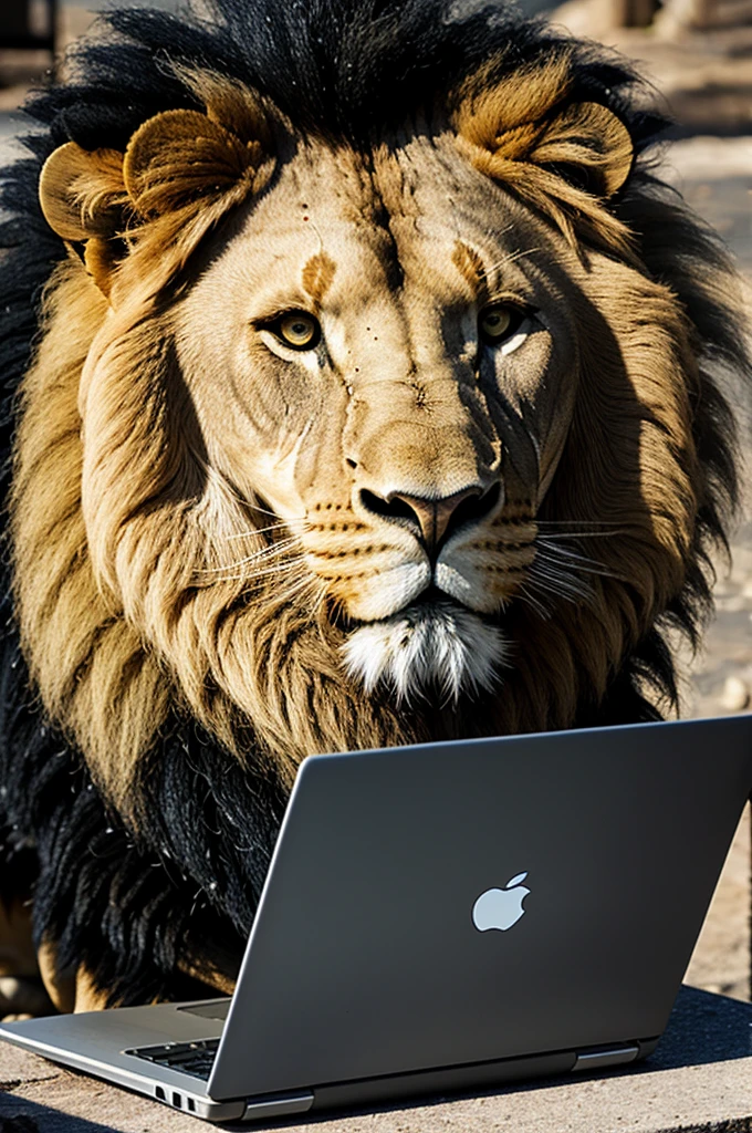 Lion repairing a laptop