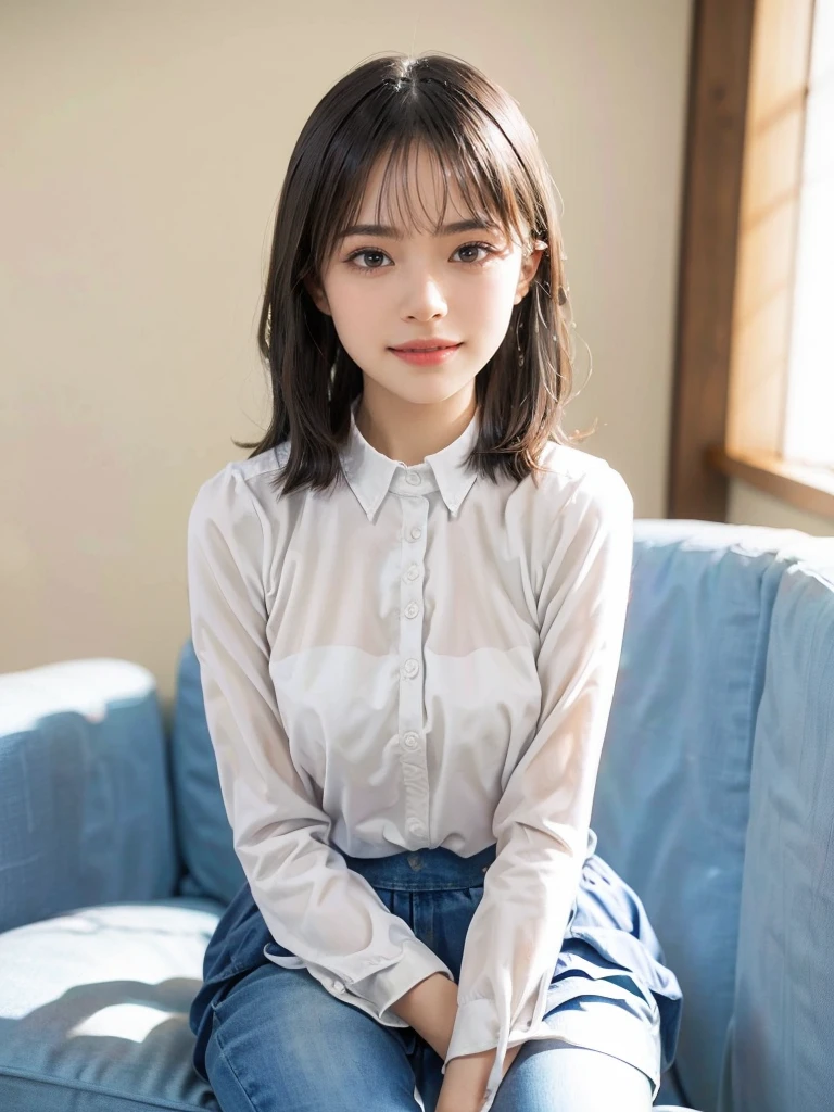 raw photo, 1girl, cute face, beautiful face, medium breast, collared blouse, White blouse, light smile, detailed skin, simple background, Above the knee, sit on a chair, photorealistic, masterpiece, best quality, anatomically correct