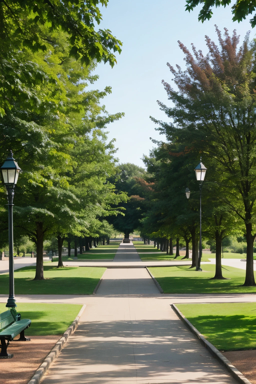 ((best quality)), ((realistic)), (detailed), (upper view from 45 angle) , large park with trees, benches and a road, street lamps 