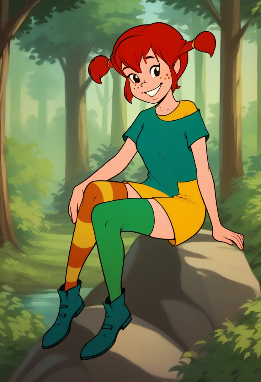 score_8_up, BREAK, Pippi, 1girl, solo, red hair, short twintails, black eyes, freckles,  green t-shirt,  yellow dress, thighhighs, mismatched legwear, multicolored legwear, on right leg green legwear, on left leg orange legwear , asymmetrical legwear, forest, blurry background,  sitting on rock, smiling,