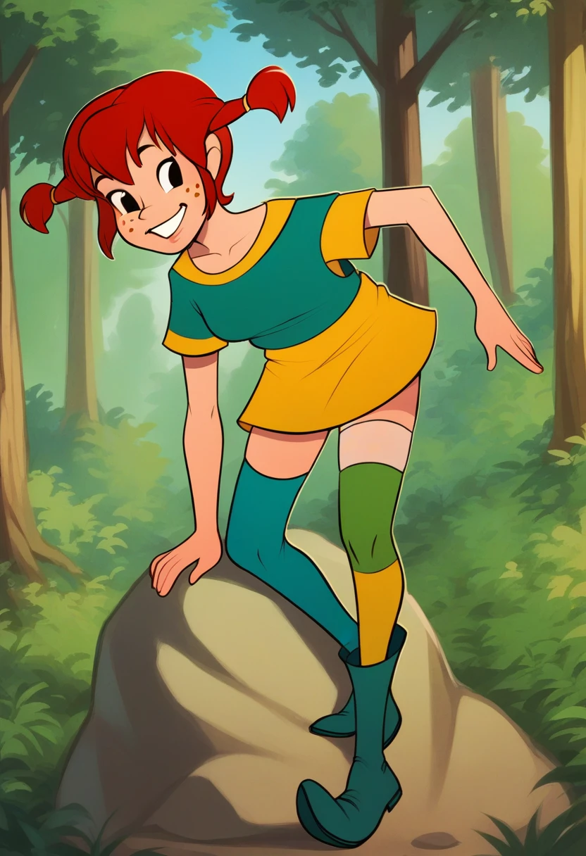 score_8_up, BREAK, Pippi, 1girl, solo, red hair, short twintails, black eyes, freckles, green t-shirt, yellow dress, thighhighs, mismatched legwear, multicolored legwear, on right leg green legwear, on left leg orange legwear , asymmetrical legwear, forest, blurry background, sitting on rock, smiling,