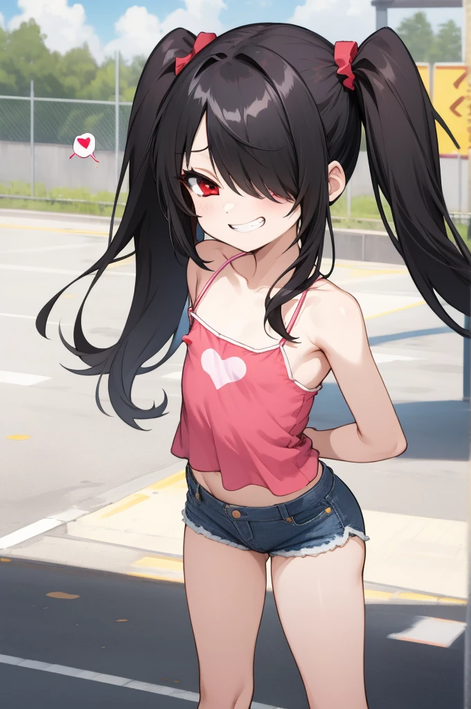 1girl,solo,,looking at viewer,tokisaki kurumi,black hair,hair over one eye,very long hair,,red eyes,,low twintails,,spoken heart,6yo,(petite),flat chest,grin,outdoor,camisole,denim shorts,socks,(nsfw)