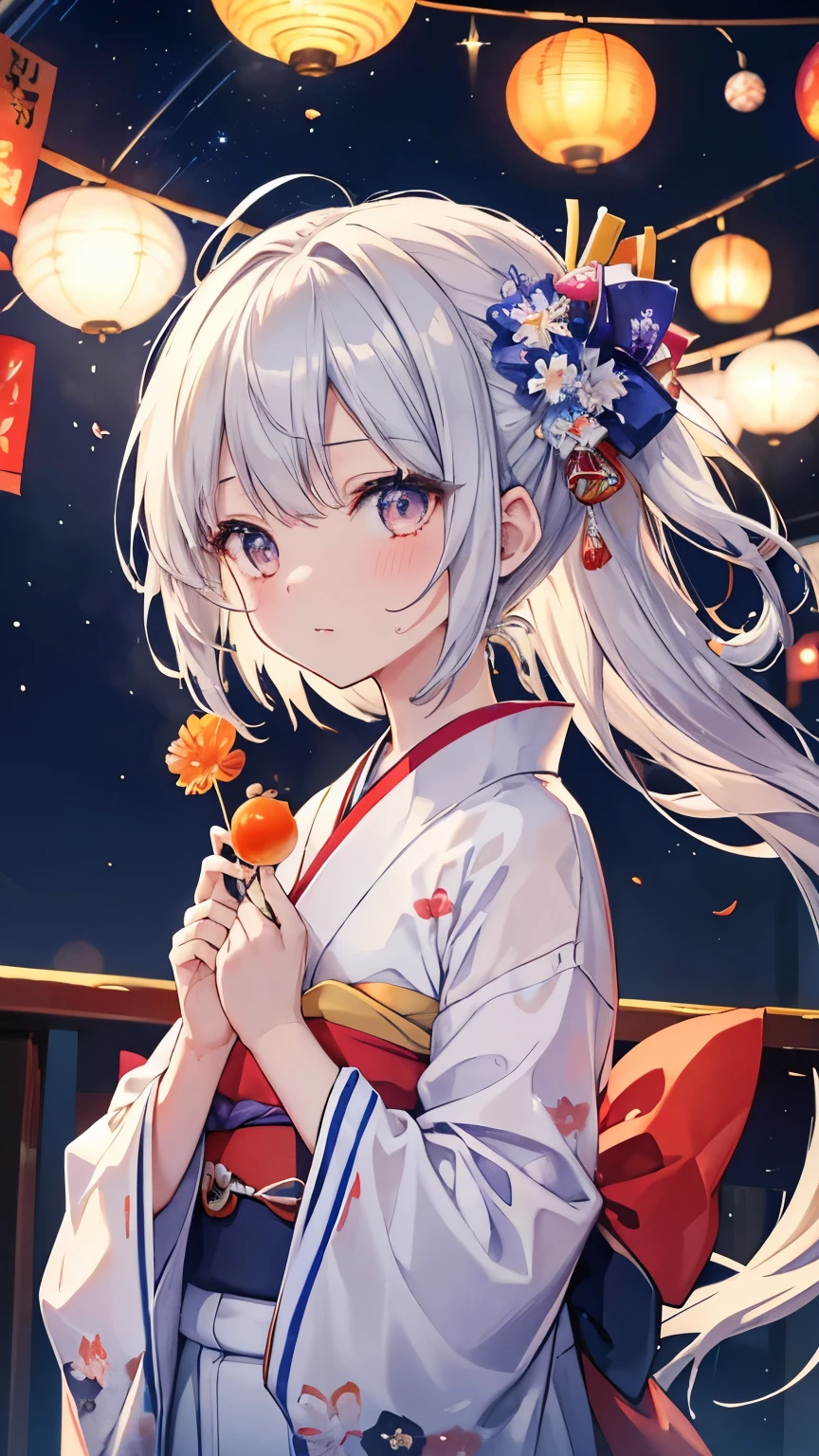 Highest quality:1.1)、(masterpiece:1.2)、(solo)、Close-up、Watching the viewer、Goldfish scooping、summer,kimono,Flowing sweat,Tanabata,Tanabata祭り,Girl,whole body,Starry Sky,Silver Hair,,Silver Eyes,slender,Strip