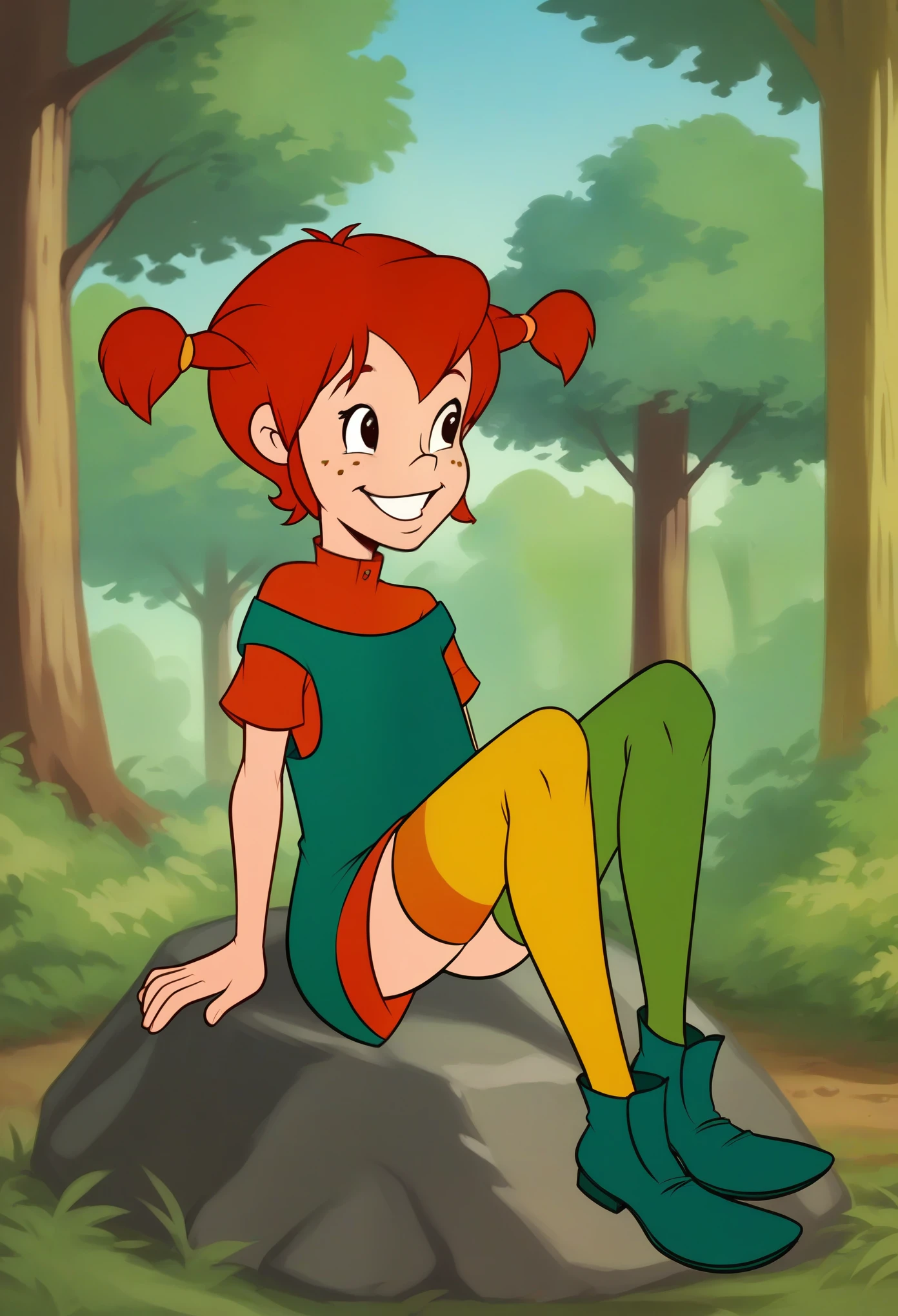 score_8_up, BREAK, Pippi, 1girl, solo, red hair, short twintails, black eyes, freckles,  green dress,  yellow overalls, thighhighs, mismatched legwear, multicolored legwear, on right leg green legwear, on left leg orange legwear , asymmetrical legwear, forest, blurry background,  sitting on rock, smiling,