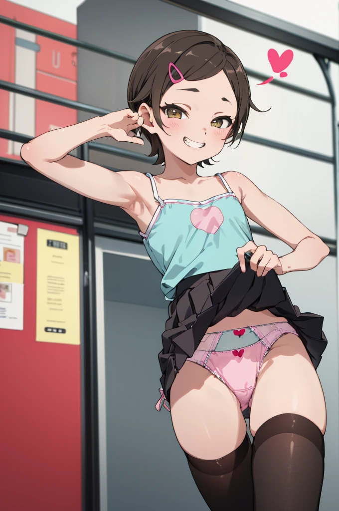 masterpiece, best quality, absurdres, my room
1girl, ,, , ,,,,looking viewer,,spoken heart,,(petite),flat chest,grin,camisole,miniskirt,black thighhighs.(((lift skirt,panties)))