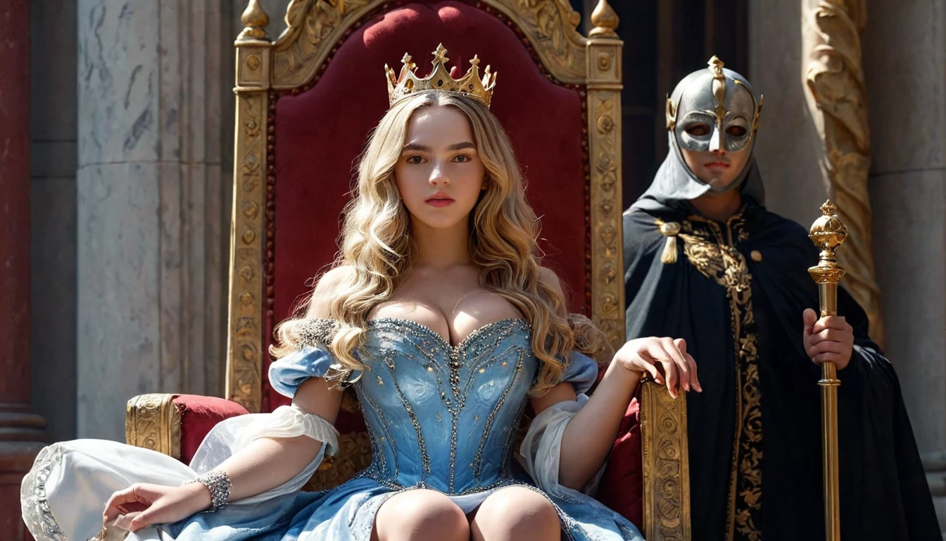 score_9, score_8_up, score_7_up, source_photo, photography, realistic, rating safe, wide shot, viewer is far from her, cinematic angle, ultra detailed, detailed eyes, absurdity, 1girl, teenager, little queen, sitting on Throne, crown, holding scepter, hands, looking at viewer, (oversized body), large breasts, long hair, blonde hair, wavy hair, multiple boys, they are masked, masterpiece, 8k, 