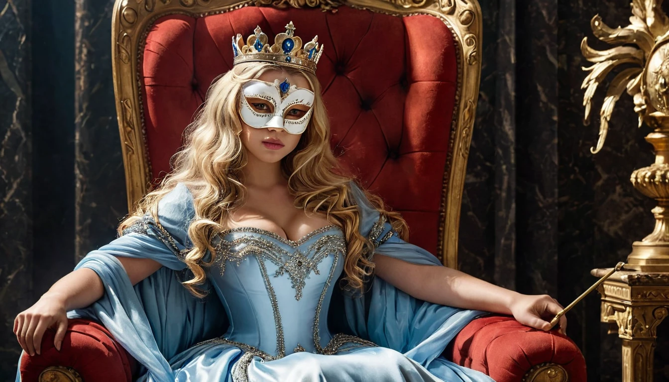 score_9, score_8_up, score_7_up, source_photo, photography, realistic, rating safe, wide shot, viewer is far from her, cinematic angle, ultra detailed, detailed eyes, absurdity, 1girl, ager, little queen, sitting on Throne, crown, holding scepter, hands, looking at viewer, (oversized body), large breasts, long hair, blonde hair, wavy hair, multiple boys, they are masked, masterpiece, 8k, 