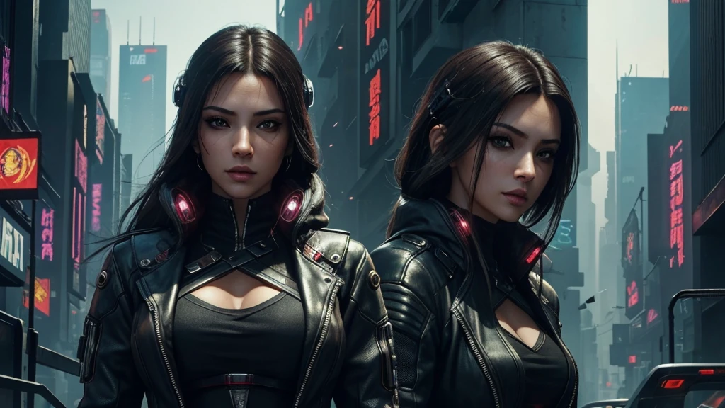 (masterpiece), (best quality), (very detailed), ((One sexy female assassin)), (cyberpunk), future city background, detailed eyes, Detailed nose, Detailed lips, perfect face, perfect body, Place a small person on the left side of the picture, movie poster, landscape