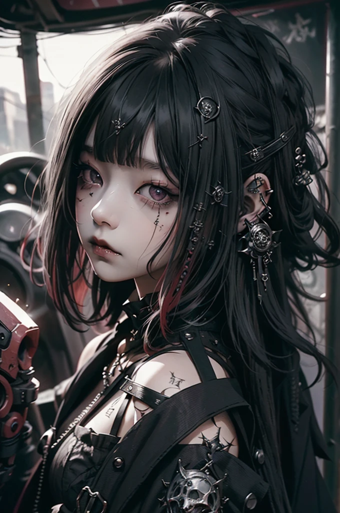 maximum quality、8K、masterpiece: 1.3、gothic punk、red inner color、A brunette、hair adornments、a beautiful girl、creative、dark fantasy style、Neogos、gothic fashion: 1.2, a sexy girl composed sexual showing all your sexuality