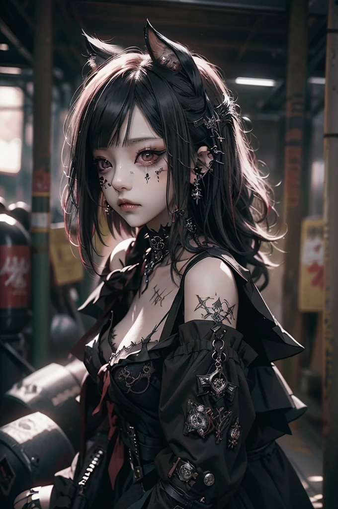 maximum quality、8K、masterpiece: 1.3、gothic punk、red inner color、A brunette、hair adornments、a beautiful girl、creative、dark fantasy style、Neogos、gothic fashion: 1.2, a sexy girl composed sexual showing all your sexuality