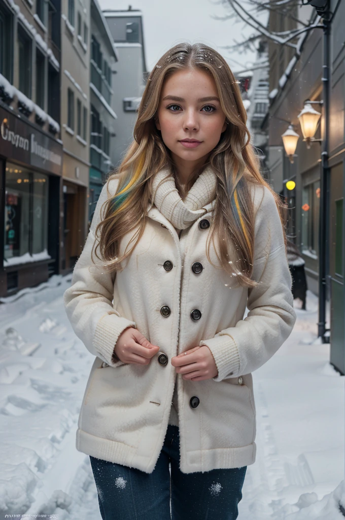 professional portrait photograph of a gorgeous Norwegian girl in winter clothing with long wavy blonde hair, sultry flirty look, gorgeous symmetrical face, cute natural makeup, wearing elegant warm winter fashion clothing, ((standing outside in snowy city street)), stunning modern urban environment, ultra realistic, concept art, elegant, highly detailed, intricate, sharp focus, depth of field, f/1. 8, 85mm, medium shot, mid shot, (((professionally color graded))), bright soft diffused light, (volumetric fog), trending on instagram, hdr 4k, 8k