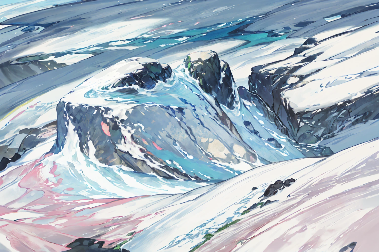 summer, rocky area, rock formation, (illustration : 1.0), Narrative composition, realistic lighting, HD detail, masterpiece, best quality best, (Highly detailed CG integrated 8k wallpaper), wide and flat rocky area, A small, sharp, rough rock at the top of the screen.