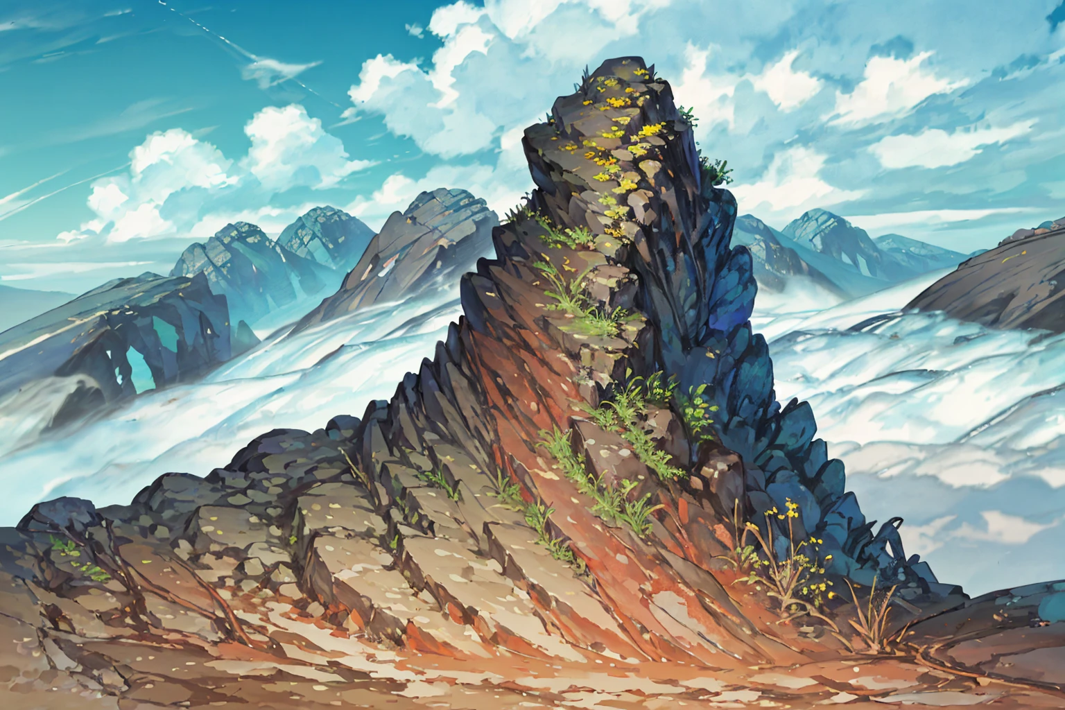 summer, rocky area, rock formation, (illustration : 1.0), Narrative composition, realistic lighting, HD detail, masterpiece, best quality best, (Highly detailed CG integrated 8k wallpaper), wide and flat rocky area, A small, sharp, rough rock at the top of the screen.