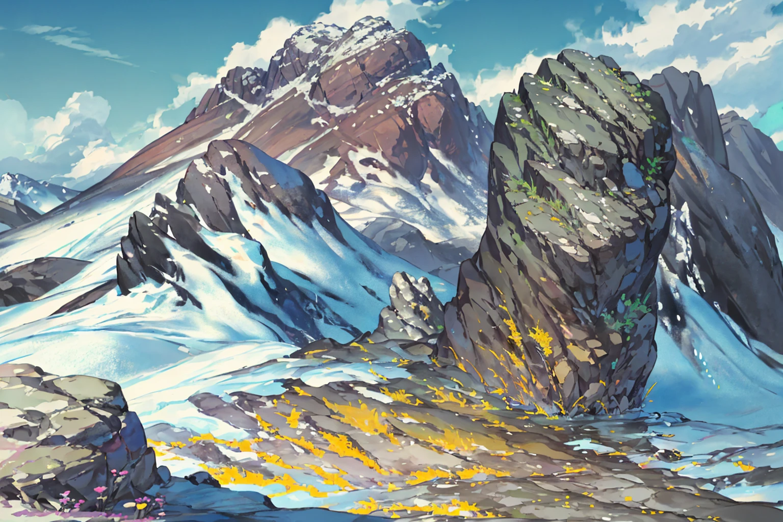 summer, rocky area, rock formation, (illustration : 1.0), Narrative composition, realistic lighting, HD detail, masterpiece, best quality best, (Highly detailed CG integrated 8k wallpaper), wide and flat rocky area, A small, sharp, rough rock at the top of the screen.