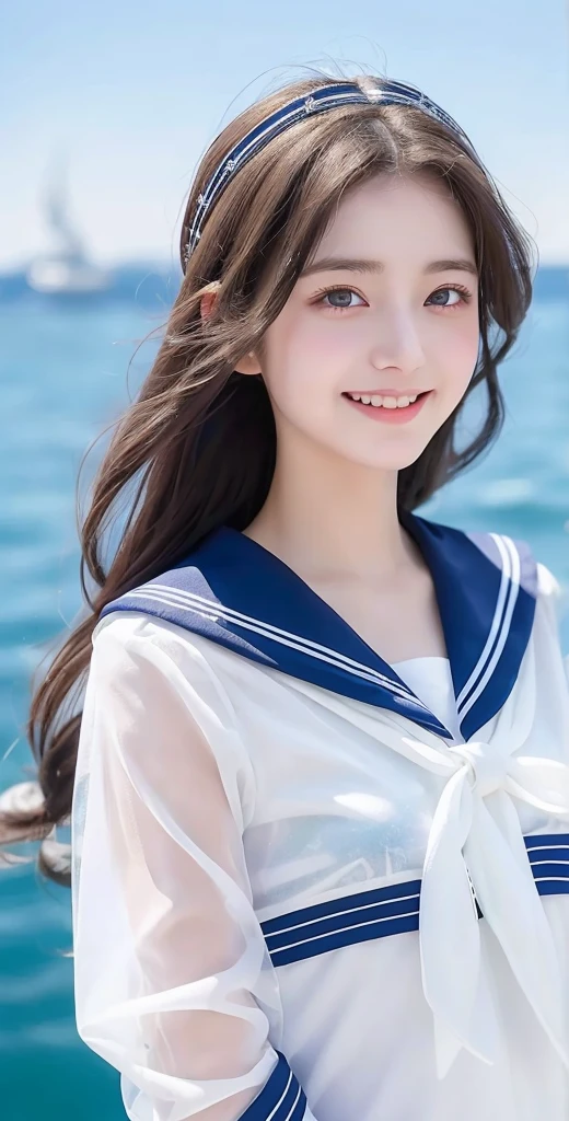 (see-through:1.3),white serafuku,sailor dress, white theme,, sailor suit, looking at viewer,  insanity, messy long hair, beautiful detailed eyes,Hair glows,dramatic angle,blue sailor collar, perky breasts,light smile,partially underwater shot...