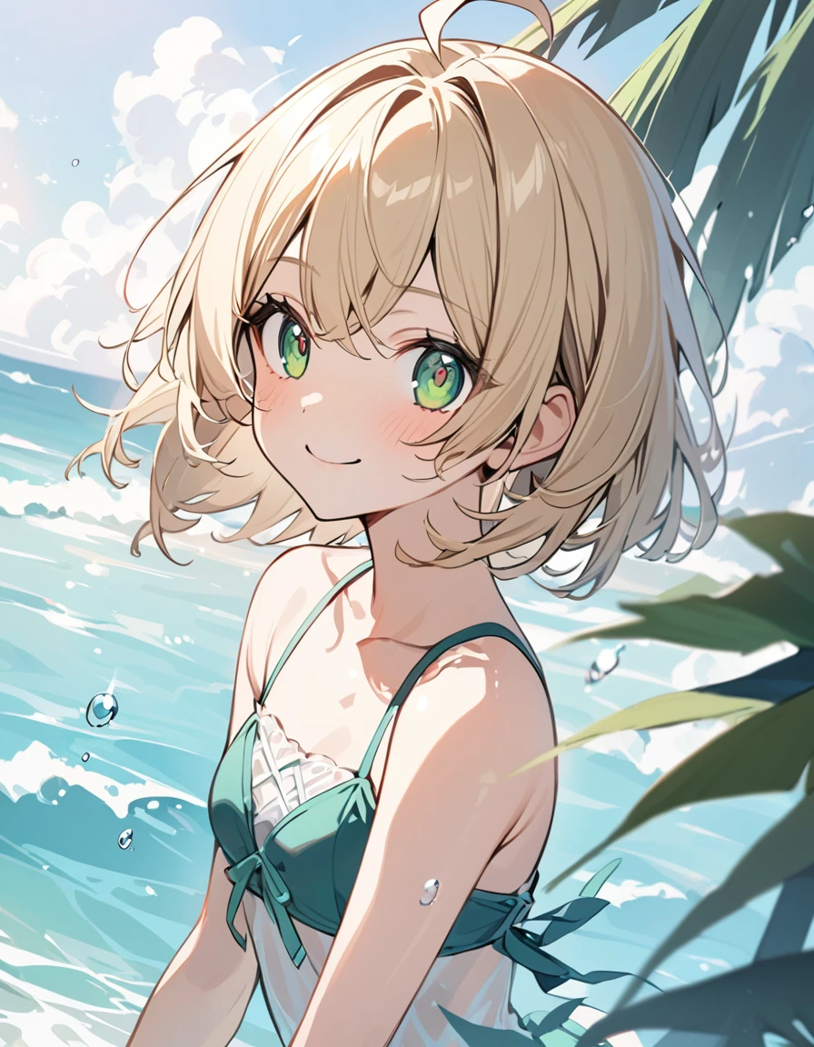 Beautifu girl, expressive eyes, 1 girl, short Blonde hair, ahoge, green eyes,  body, small breasts, smile, swimsuit