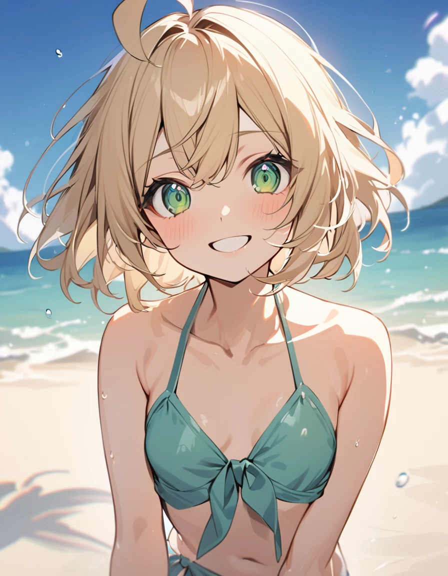 Beautifu girl, expressive eyes, 1 girl, short Blonde hair, ahoge, green eyes,  body, small breasts, smile, swimsuit