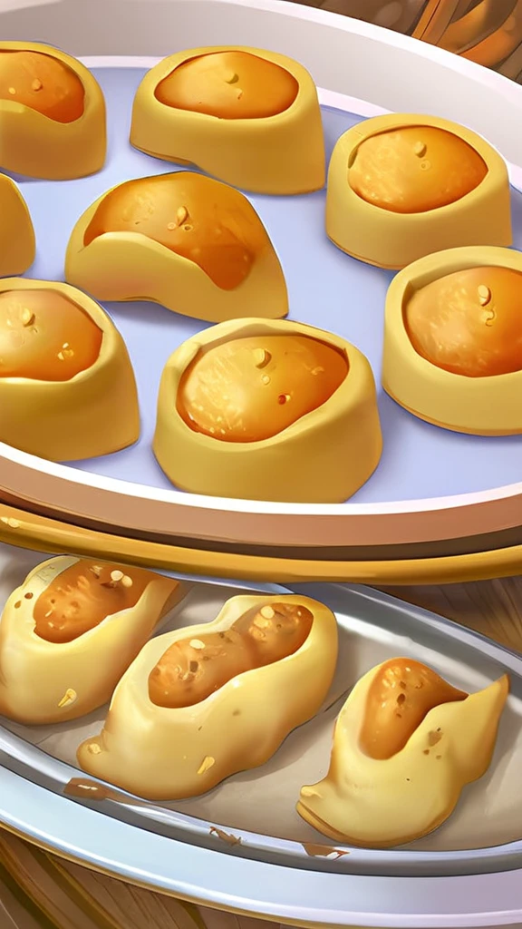 Highest quality, masterpiece, Baked dumplings、This is a dough made from wheat flour that is rolled out into a circle, then cut in half and baked.


