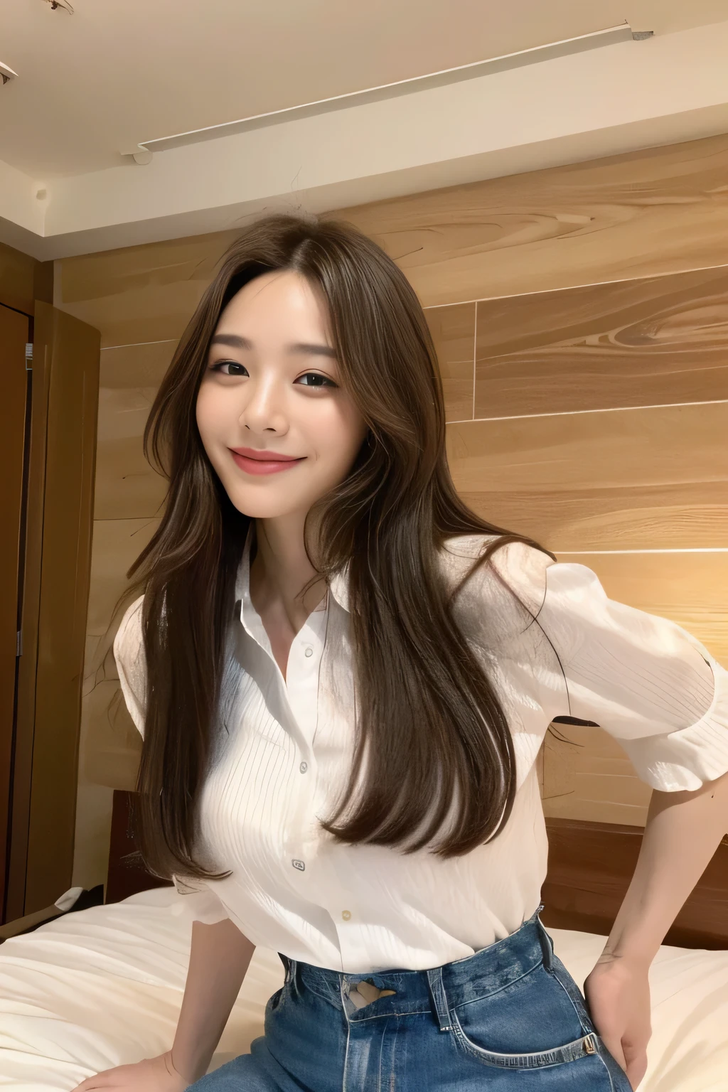 seed:2020674263.((Full body angle:1.1)).((Highest quality, 8K, masterpiece:1.3)), ((from below:1.1)).concentrated:1.2, Perfect body beauty:1.4, Hips:1.2, ((Delicate Hair)), (Colorful button-through crop shirt :1.1) , ((Highest quality、8k、masterpiece:1.3))、1 Girl、A sloppy smile、Esbian all over、Slim face、Big Boobs、Beautiful woman、(Dark Brown Hair)、Long Hair、1.1、Flickering Valley、Detailed eyes、double eyelid、Blurred Background、超Slim face、Smile、Looking down、stroll、