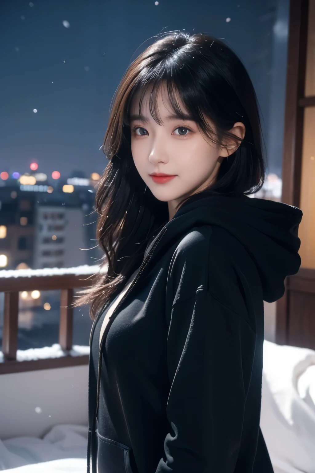 1 Girl, (Wear a black hoodie:1.2), (RAW Photos, highest qualthaty), (Realistic, Realistic:1.4), Tabletop, Very delicate and beautiful, Very detailed, 2k wallpaper, wonderful, finely, Very detailed CG Unthaty 8K wallpaper, Very detailed, High resolution, Soft Light, Beautiful detailed girl, Very detailed目と顔, Beautiful and sophisticated nose, Beautiful and beautiful eyes, Cinema Lighting, Illuminations that light up the cthaty on a snowy night, Snow Scene, that'that'that'that'it's snowing, Snow fell in my hair, Perfect Anatomy, Slender body, Was nervous,
Straight semi-long hair, bangs, Looking at the audience, smile、Fluffy scarf、On the bed、pajamas