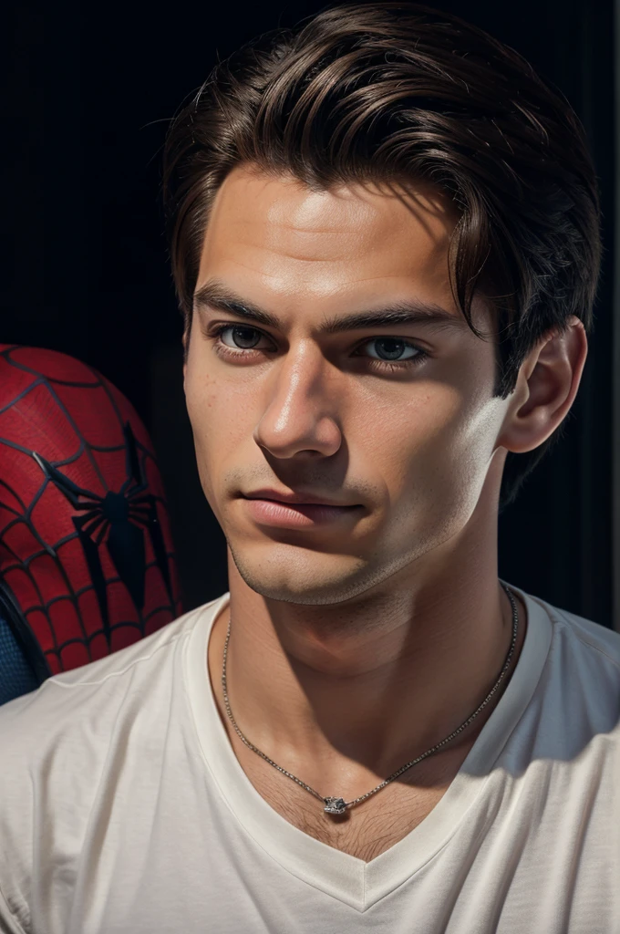 A photograph of spider man, no mask, 20 yo, handsome, detailed face, looking at camera, portrait, 8k uhd, high quality