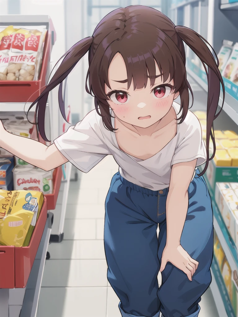 In a well-lit, indoor supermarket setting, a masterpiece of an illustration comes to life. A shy girl with long twin tails, brown hair, and bangs stands confidently, her red eyes shining brightly as she gazes directly at the viewer. Her eyebrows are visible through her hair, adding to her endearing expression. She wears a plain white T-shirt and blue skirt that slightly lifts, revealing a flat chest and a subtle blush on her cheeks. The boy behind her looks on in admiration, his hand reaching out to gently grab her breast as he gets into an ass-pov position, showcasing the blue and white striped pants and the provocative pussy line.