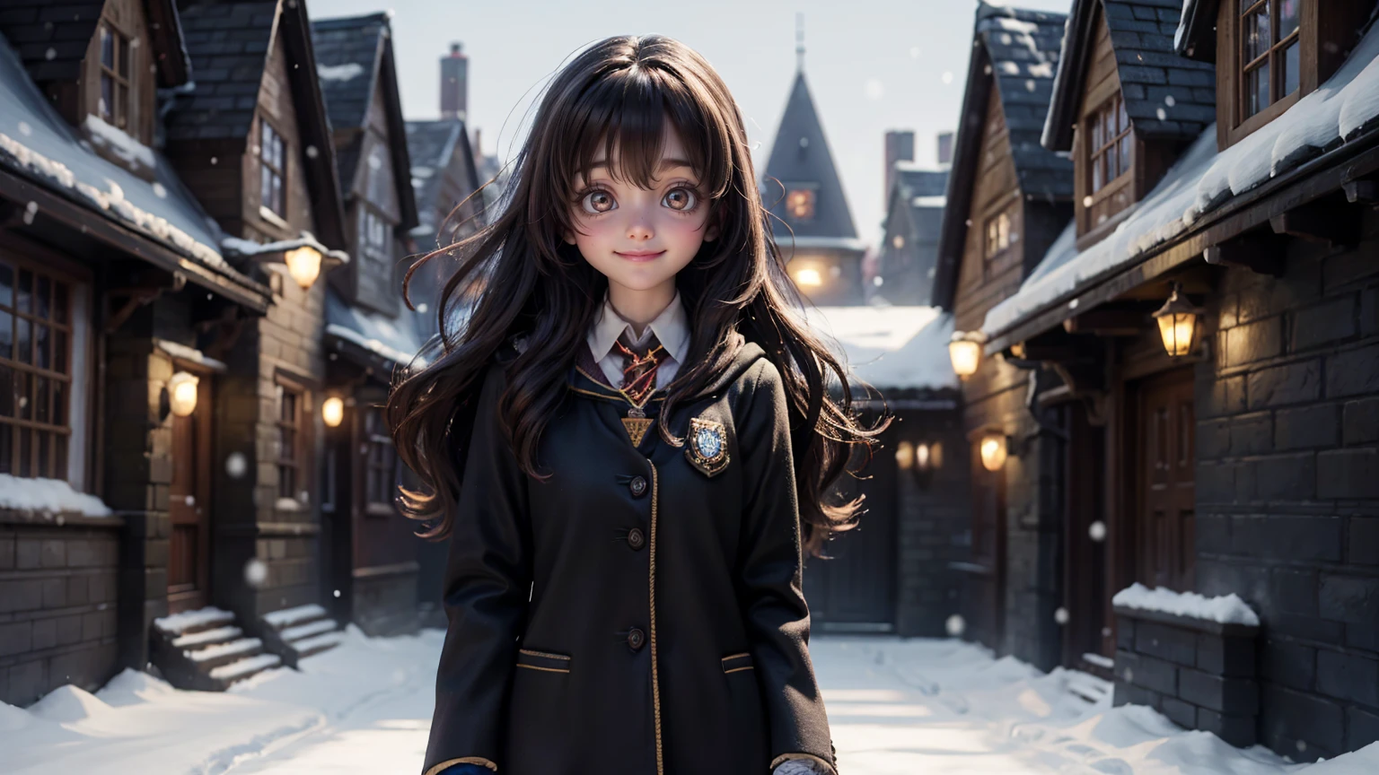  cute smiley face girl with standing pose, snow weather, front view of harry potter school, harry potter school