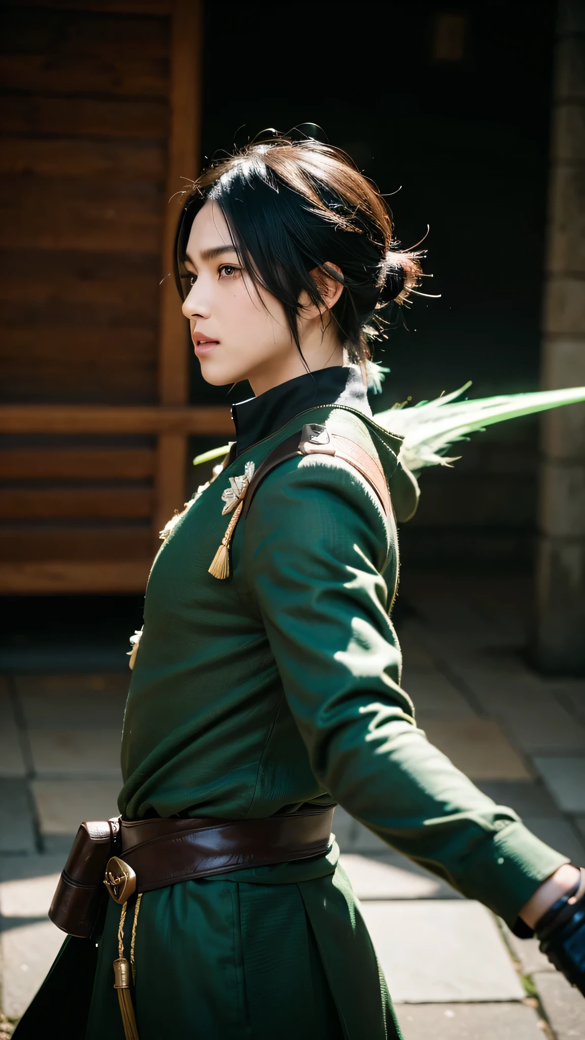 (((Only one character))), Profile, 1 boy, male, brownskin, black hair, green eyes, Kaeya Genshin Impact, Final Fantasy XIV, attack stance.