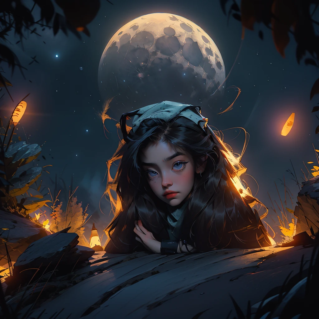 rocks, big moon in the sky with eyes, night, stars, beautiful color combination of sunset and night
