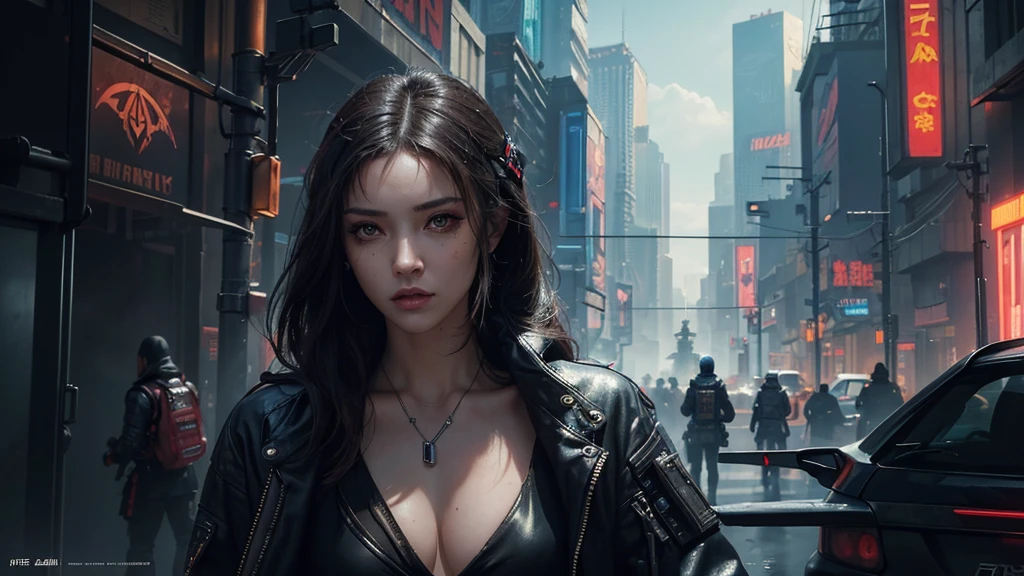 (masterpiece), (best quality), (very detailed), ((One sexy female assassin)), (cyberpunk), future city background, detailed eyes, Detailed nose, Detailed lips, perfect face, perfect body, Place a small person on the left side of the picture, movie poster, landscape