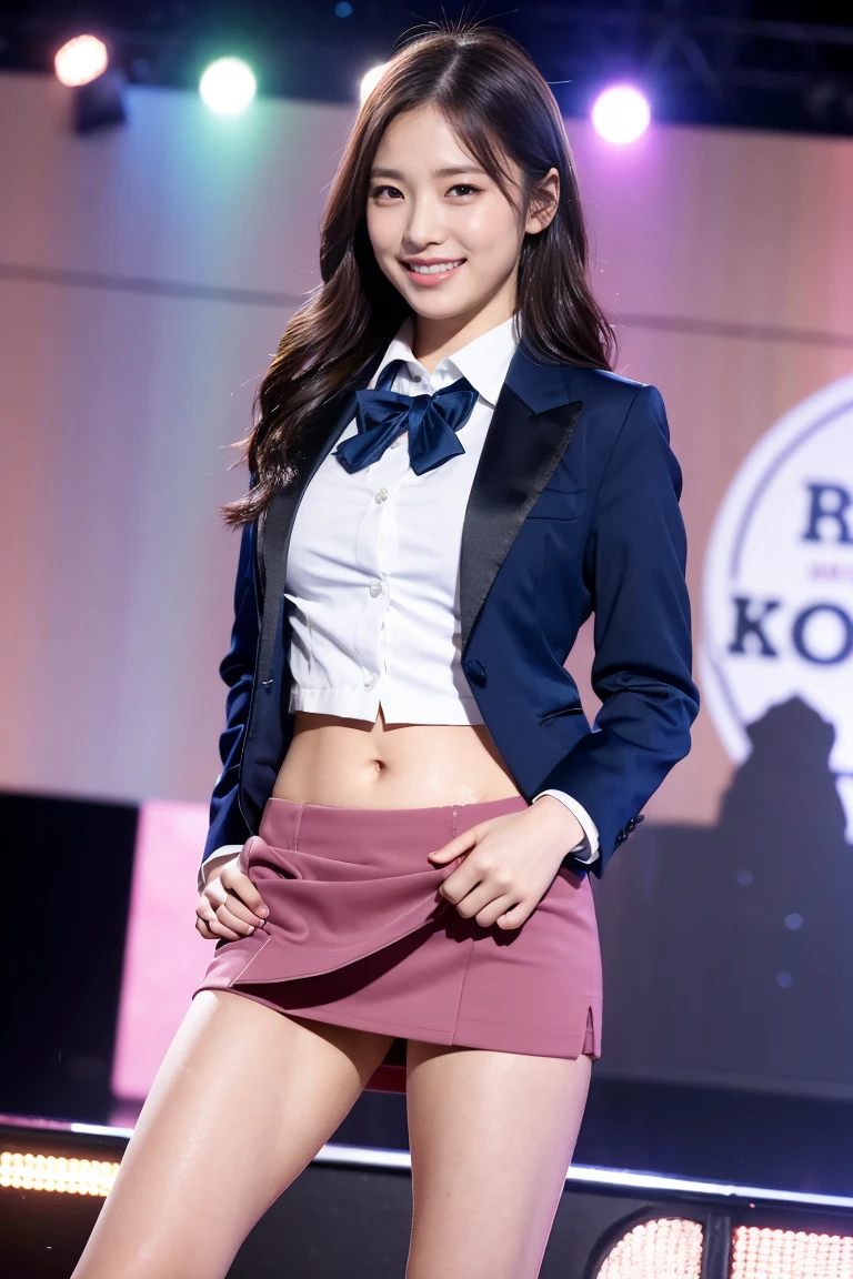 (8K), (highest quality: 1.2), (Realistic), (Realistic: 1.37), Ultra-high resolution, 1 girl, cute, (Embarrassed smile:1.2), (Blushing:1.4),Mouth closed,赤いリップ, Beautiful details, Beautiful Nose, Wet Hair, giant dulcefo, pork, Thighs,Navel exposed,University Student Uniform,(カルバン・クラインのグレーのスポーツブラ:1.2),A simple blazer,tight skirt,Platform boots,Dancing on the school stage,(Shiny Thighs:1.2),(ニーハイソックス:1.2),Medium Shot