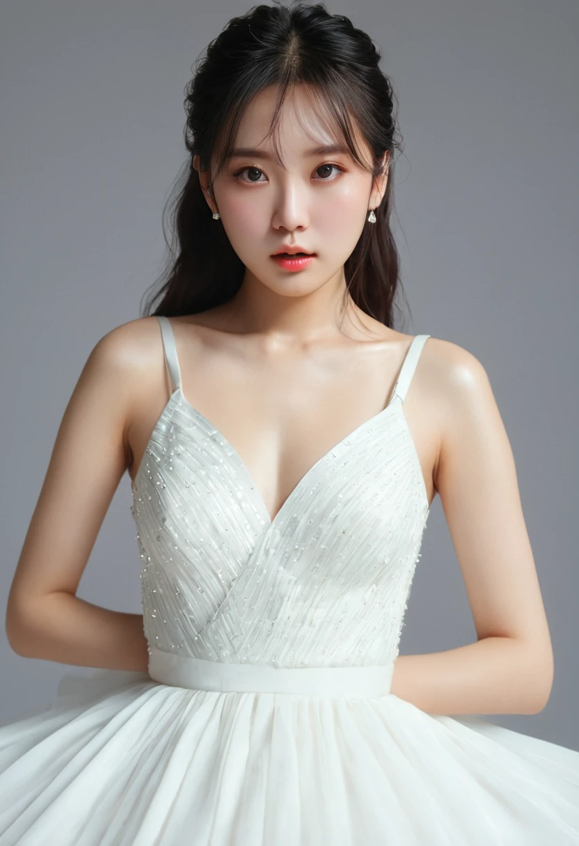 (8K、RAW Photos、Highest quality、Masterpiece: 1.2)Highest quality, masterpiece, Ultra-high resolution、1 female((masterpiece, Highest quality)),(One personで:1.2),(One girl:1.2),((32K Wallpapers, Very detailed)),,(((The perfect one and only lady))),(((portfolio,close))),(((Front face))),(((Upper Body))),((highlight)),(((One person))),(((Full face))),(((Perfect composition))),((Gradient Eye)),Sparkling.Light leakage, (((Bring your fingers to your mouth))),  (((White Dress)))